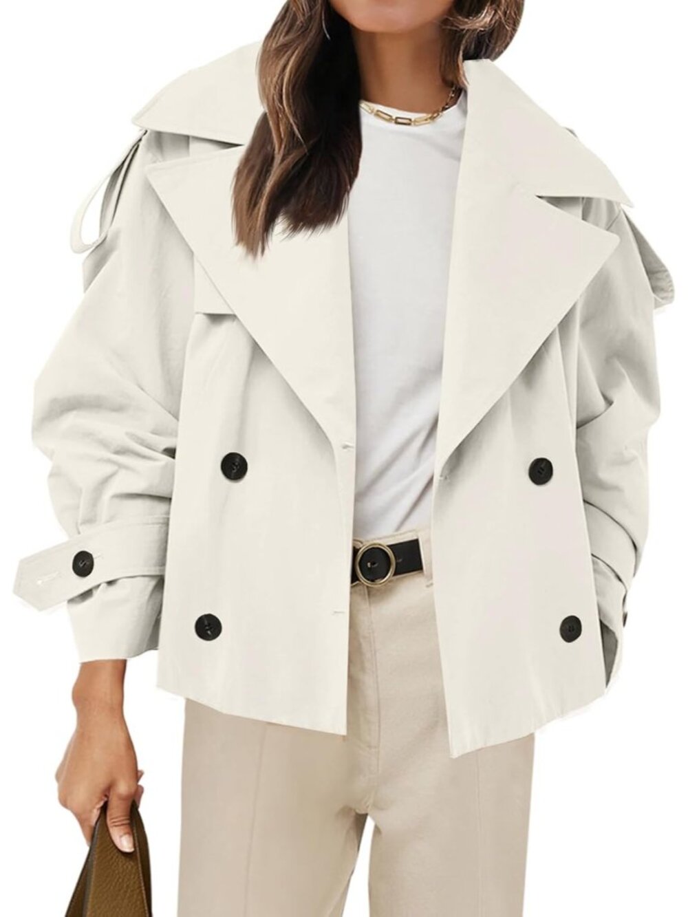 Women's Beige Cropped Trench Double Breasted Short Jacket w/ Belt Outerwear